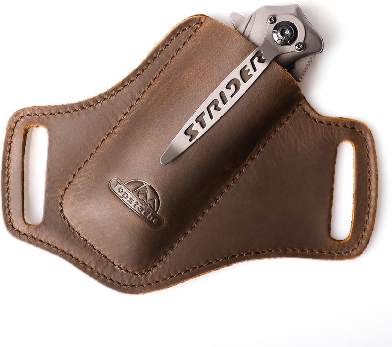 topstache Handmade Leather Pocket Knife Sheath for Belt,EDC Belt Folding Knife Sheath for Man,Cross Draw Right Side Carry Open Top Knife Sheath for 5 inch Folding Knife,DarkBrown - Image 1